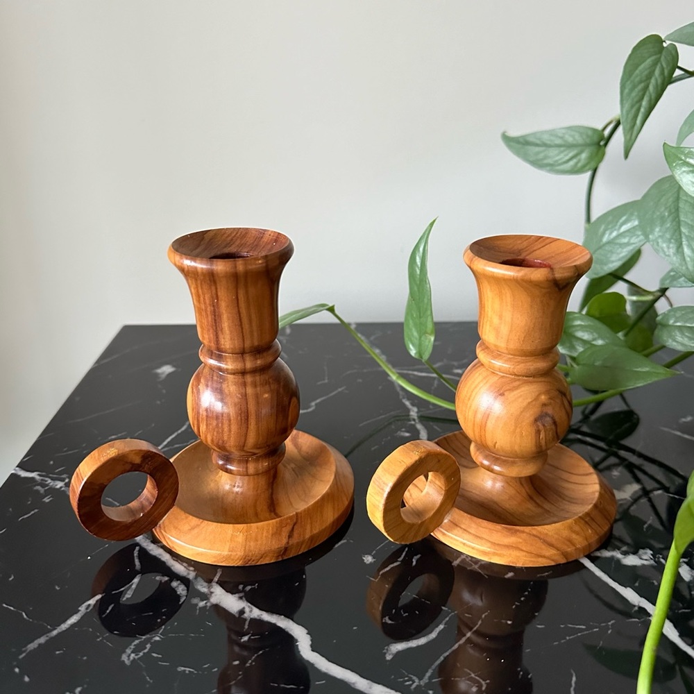 Pair of Wooden Candle Holders Made In Spain